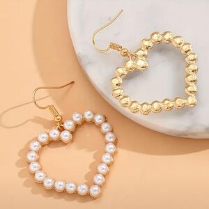 Gold Faux Pearl Heart Earrings